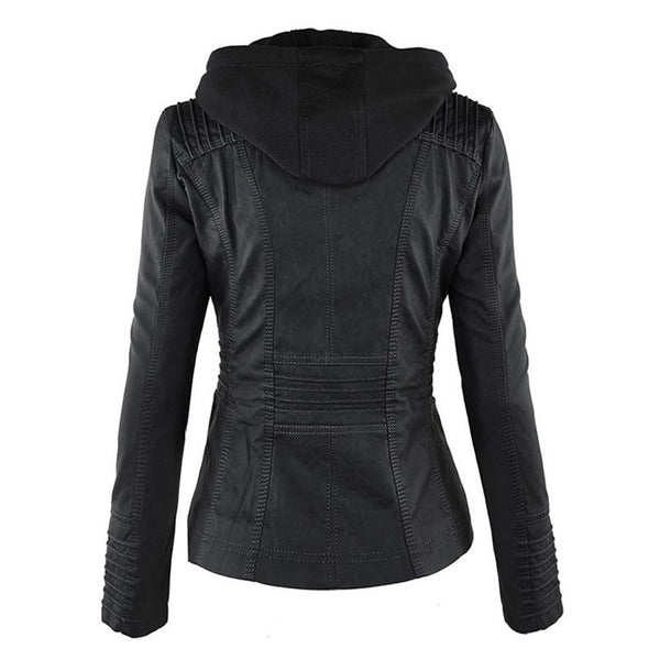 Women's Double-Lined Leather Jacket with Hood