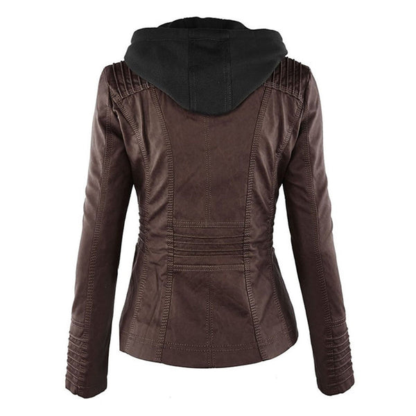 Women's Double-Lined Leather Jacket with Hood