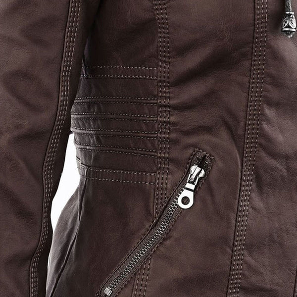Women's Double-Lined Leather Jacket with Hood
