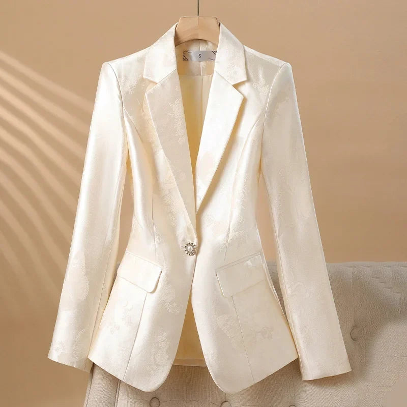 Women's Elegant Rosette Blazer with Jeweled Button