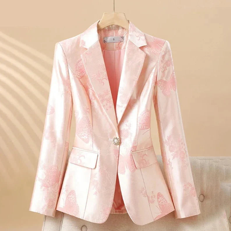 Women's Elegant Rosette Blazer with Jeweled Button