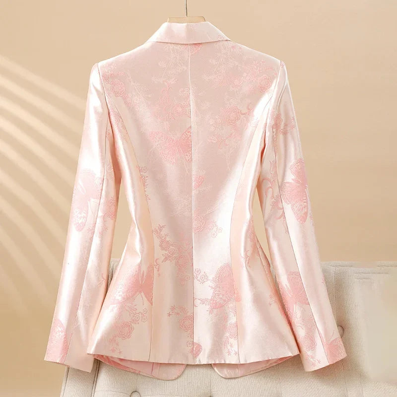 Women's Elegant Rosette Blazer with Jeweled Button