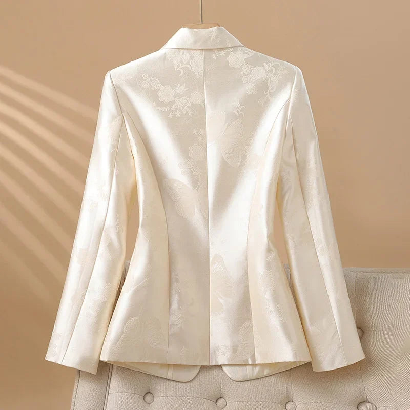Women's Elegant Rosette Blazer with Jeweled Button