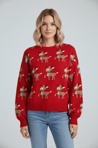 Women's Festive Reindeer Jacquard Knit Oversized Winter Sweater