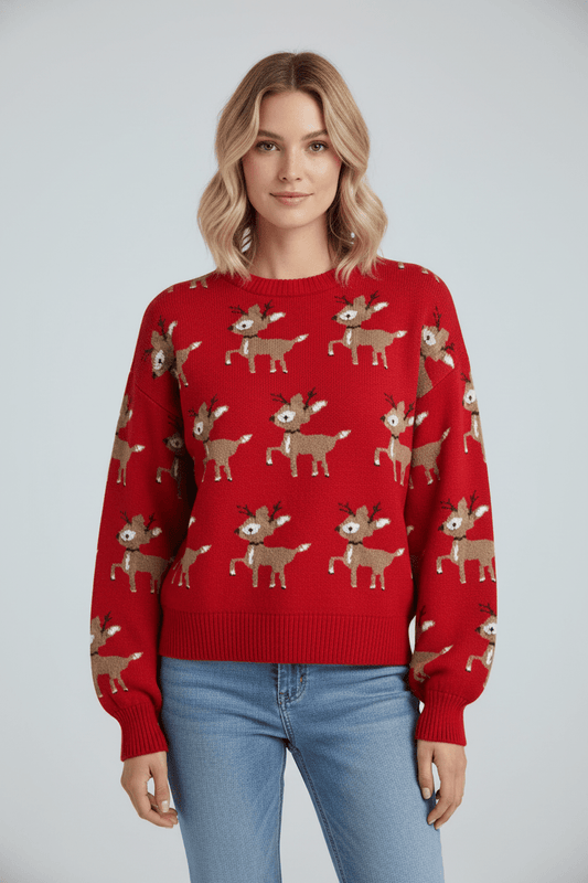 Women's Festive Reindeer Jacquard Knit Oversized Winter Sweater