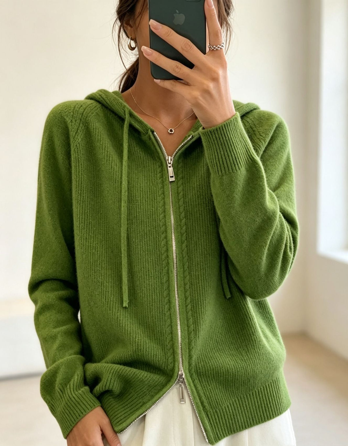 Women's Fine-Knit Zip-Up Hooded Cardigan with Ribbed Cuffs