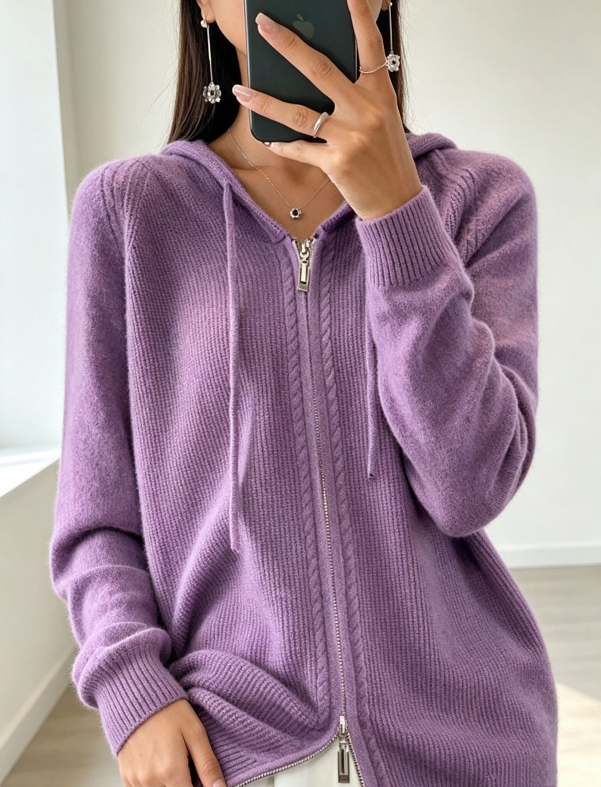 Women's Fine-Knit Zip-Up Hooded Cardigan with Ribbed Cuffs