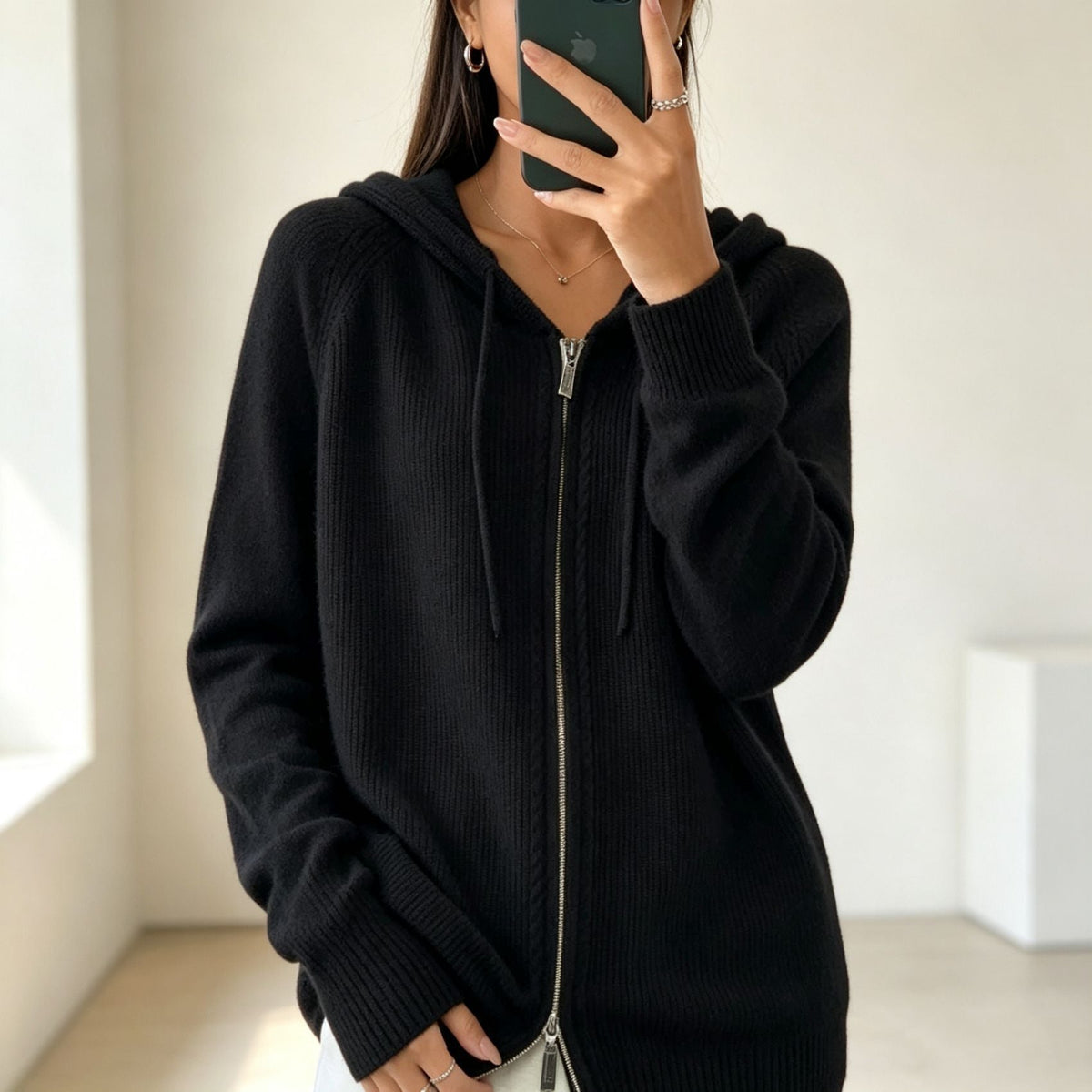 Women's Fine-Knit Zip-Up Hooded Cardigan with Ribbed Cuffs