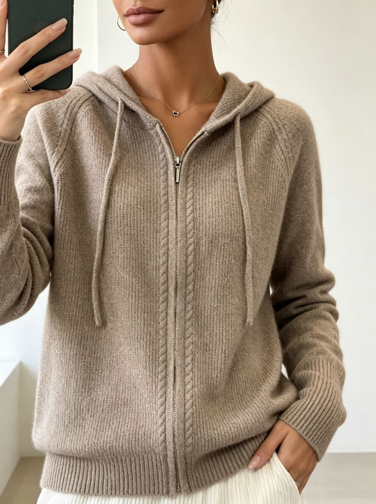 Women's Fine-Knit Zip-Up Hooded Cardigan with Ribbed Cuffs