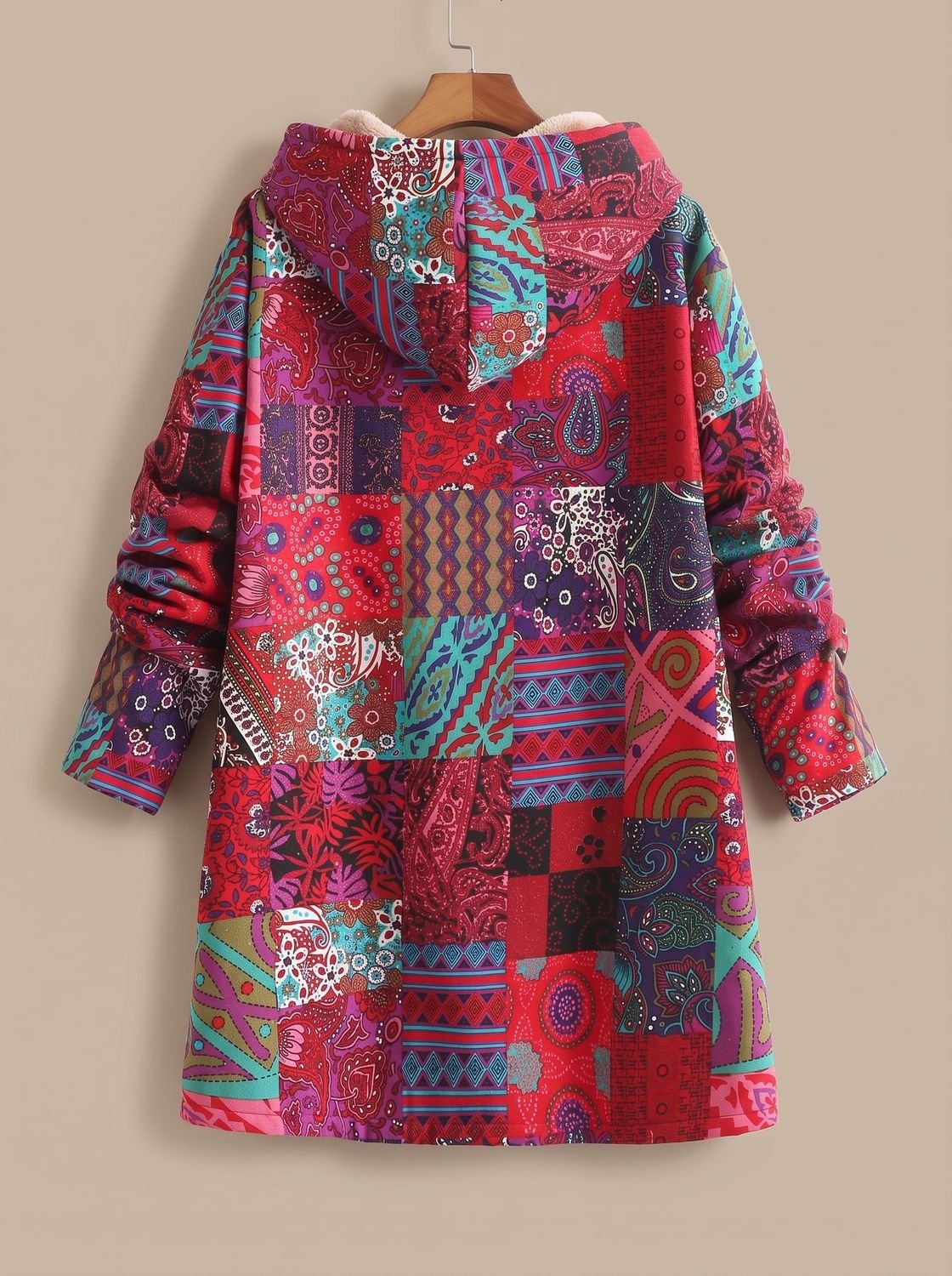 Women's Fleece-Lined Hooded Boho Patchwork Jacket