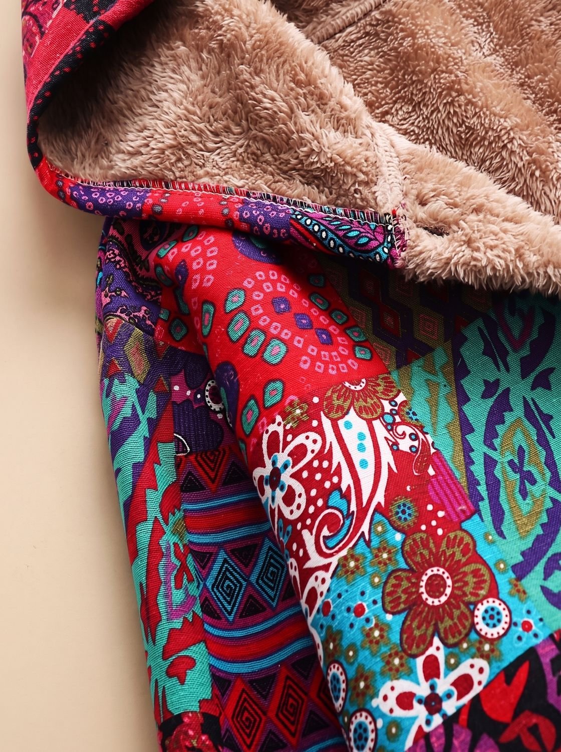 Women's Fleece-Lined Hooded Boho Patchwork Jacket
