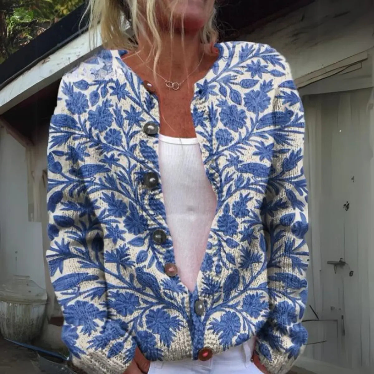 Women's Floral Knit Button-Up Cardigan
