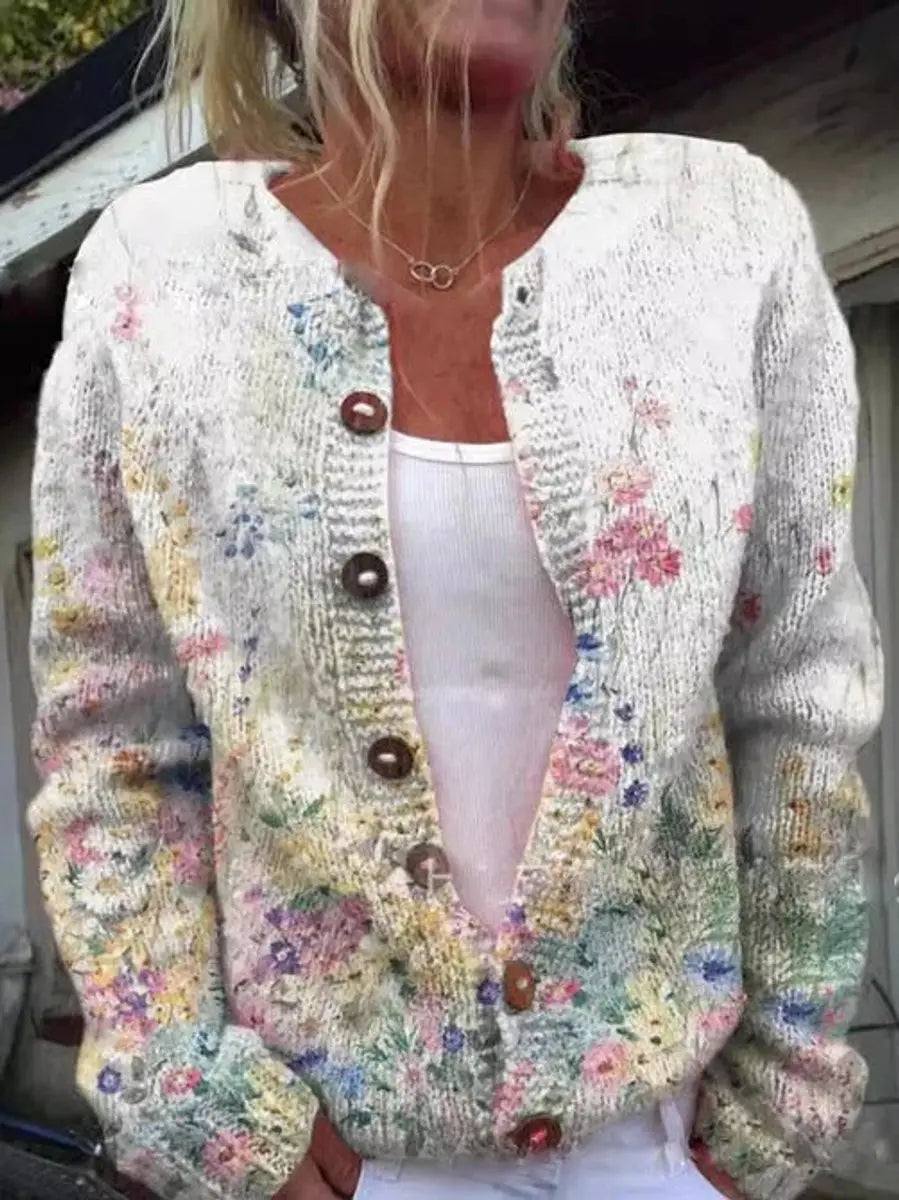 Women's Floral Knit Button-Up Cardigan