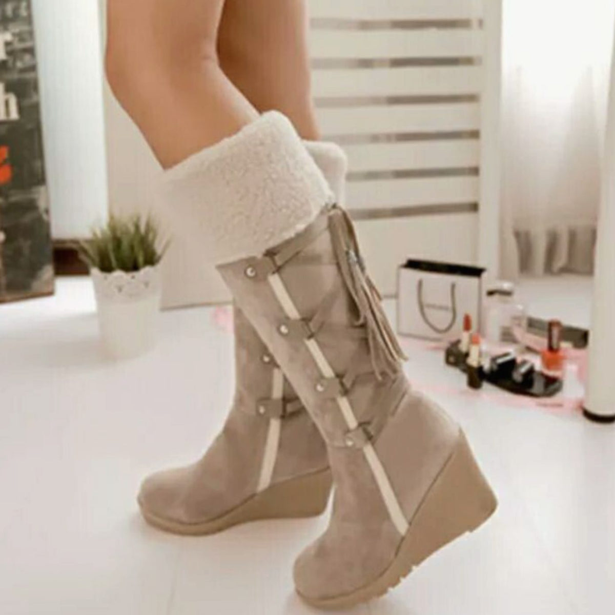 Women's Fur-Trim Wedge Knee-High Winter Boots