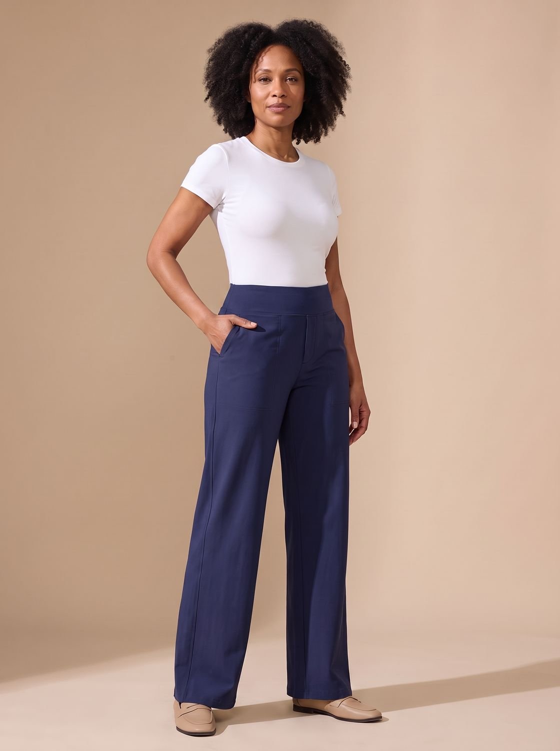 Women's High-Waist Wide-Leg Stretch Pants with Pockets