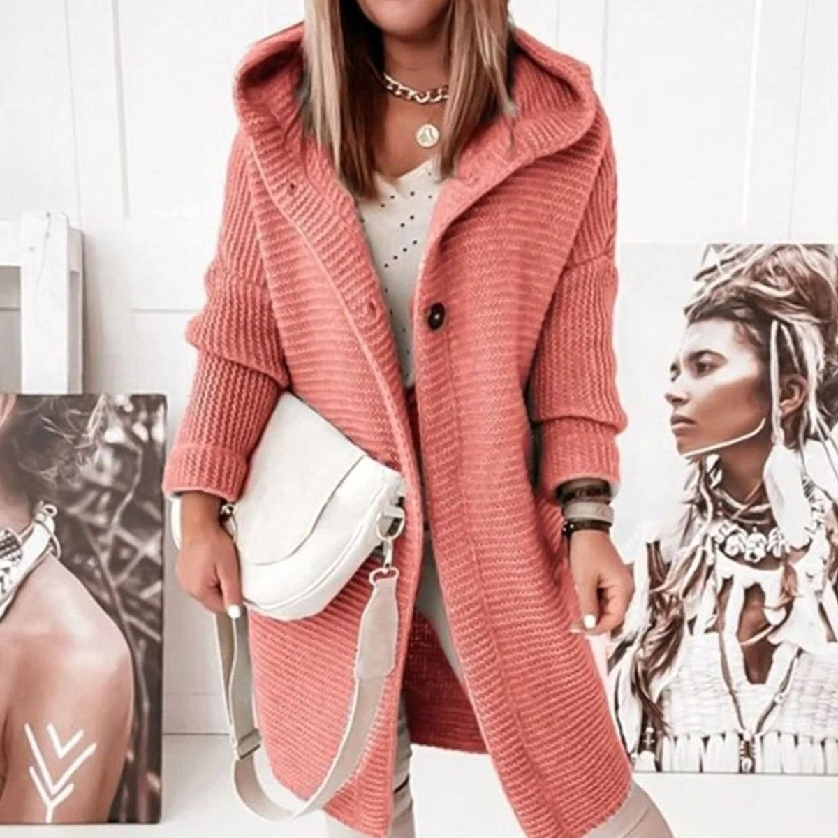 Women's Hooded Open-Front Long Knit Winter Cardigan