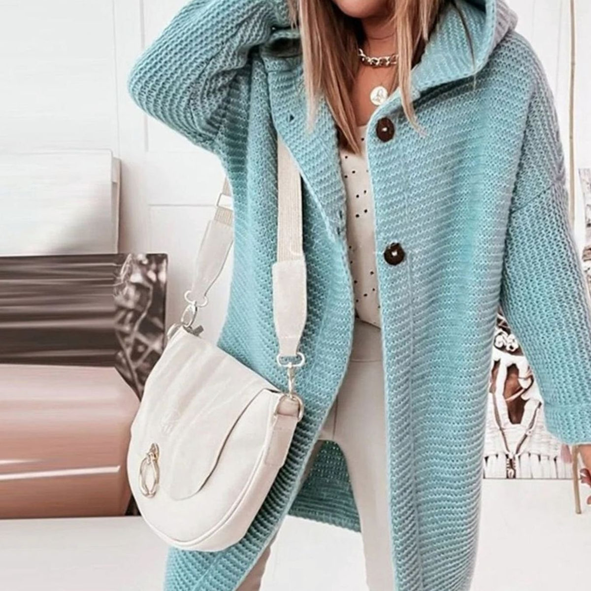 Women's Hooded Open-Front Long Knit Winter Cardigan
