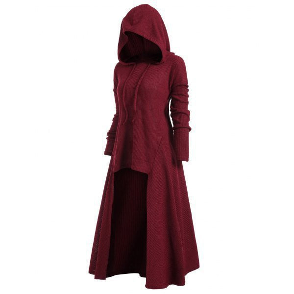 Women's Knitted Hooded Coat with Flared Maxi Skirt and Asymmetrical Hem