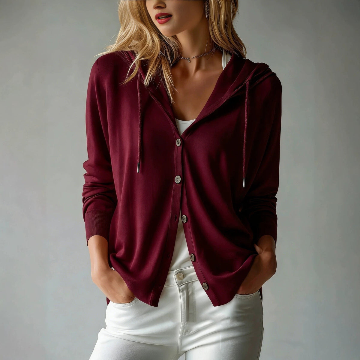 Women's Lightweight Hooded Cardigan with Button Placket and Drawstring