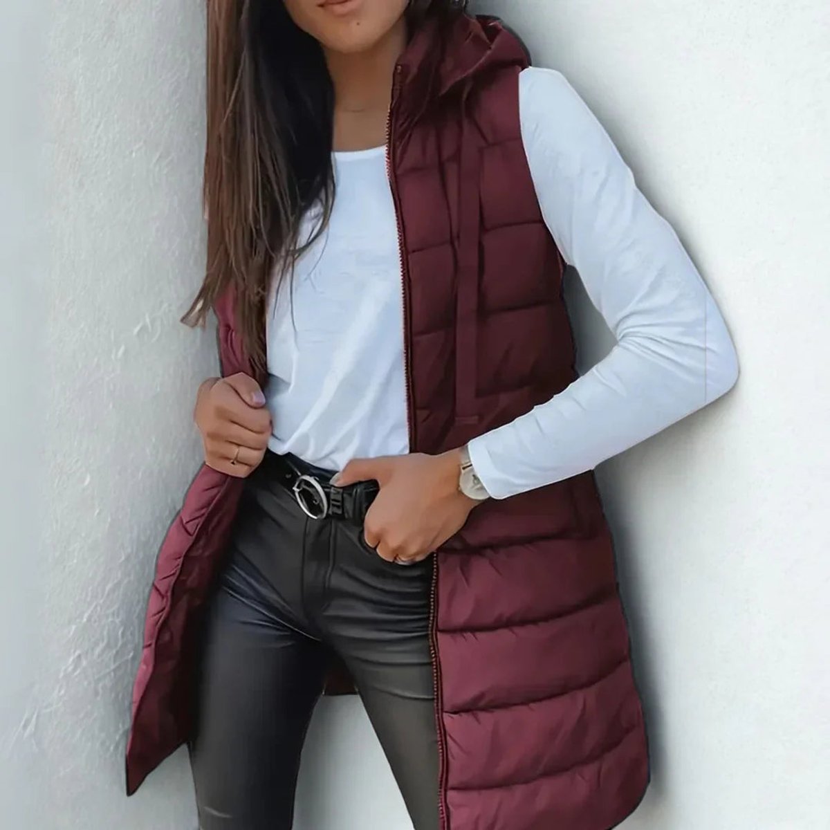 Women's Long Hooded Sleeveless Puffer Vest Lightweight Layering Gilet
