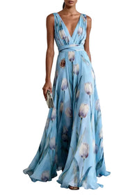 Women's Long Party Dress with Blue Print and Flowy Skirt