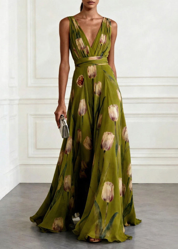 Women's Long Party Dress with Blue Print and Flowy Skirt