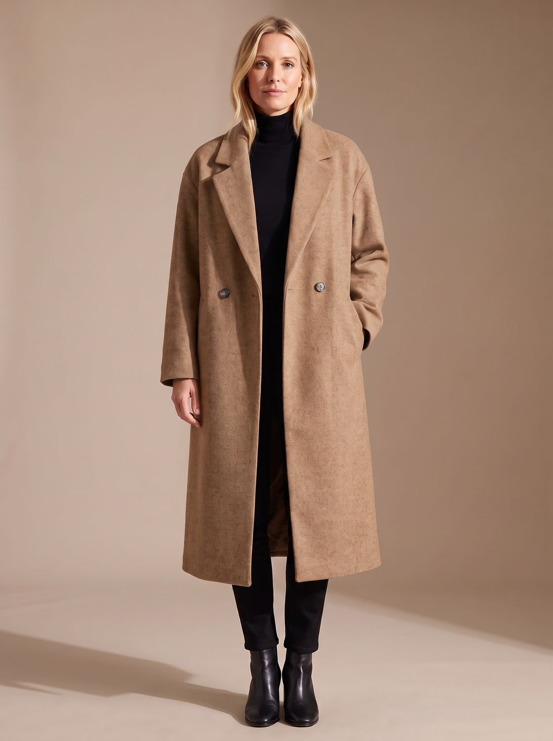 Women's Long Relaxed Double-Breasted Tailored Winter Coat