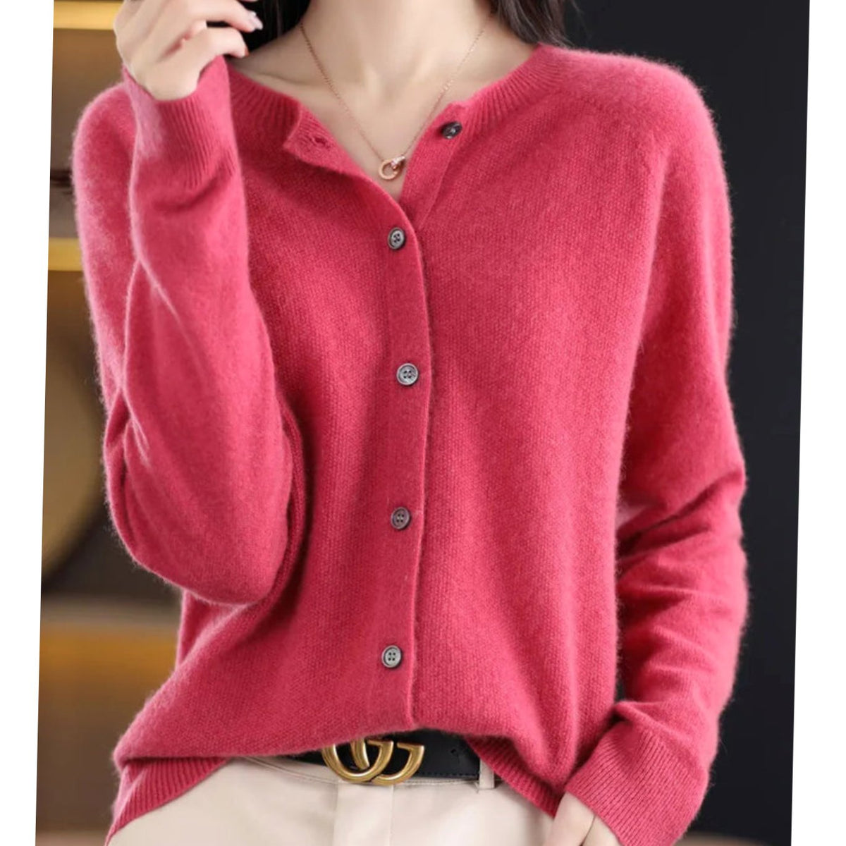 Women's Long Sleeve Crew Neck Button-Up Merino Wool Cardigan Sweater