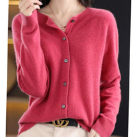 Women's Long Sleeve Crew Neck Button-Up Merino Wool Cardigan Sweater