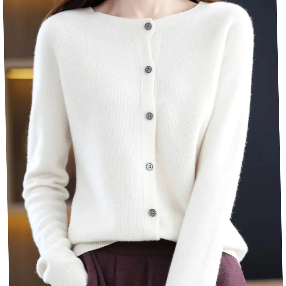 Women's Long Sleeve Crew Neck Button-Up Merino Wool Cardigan Sweater
