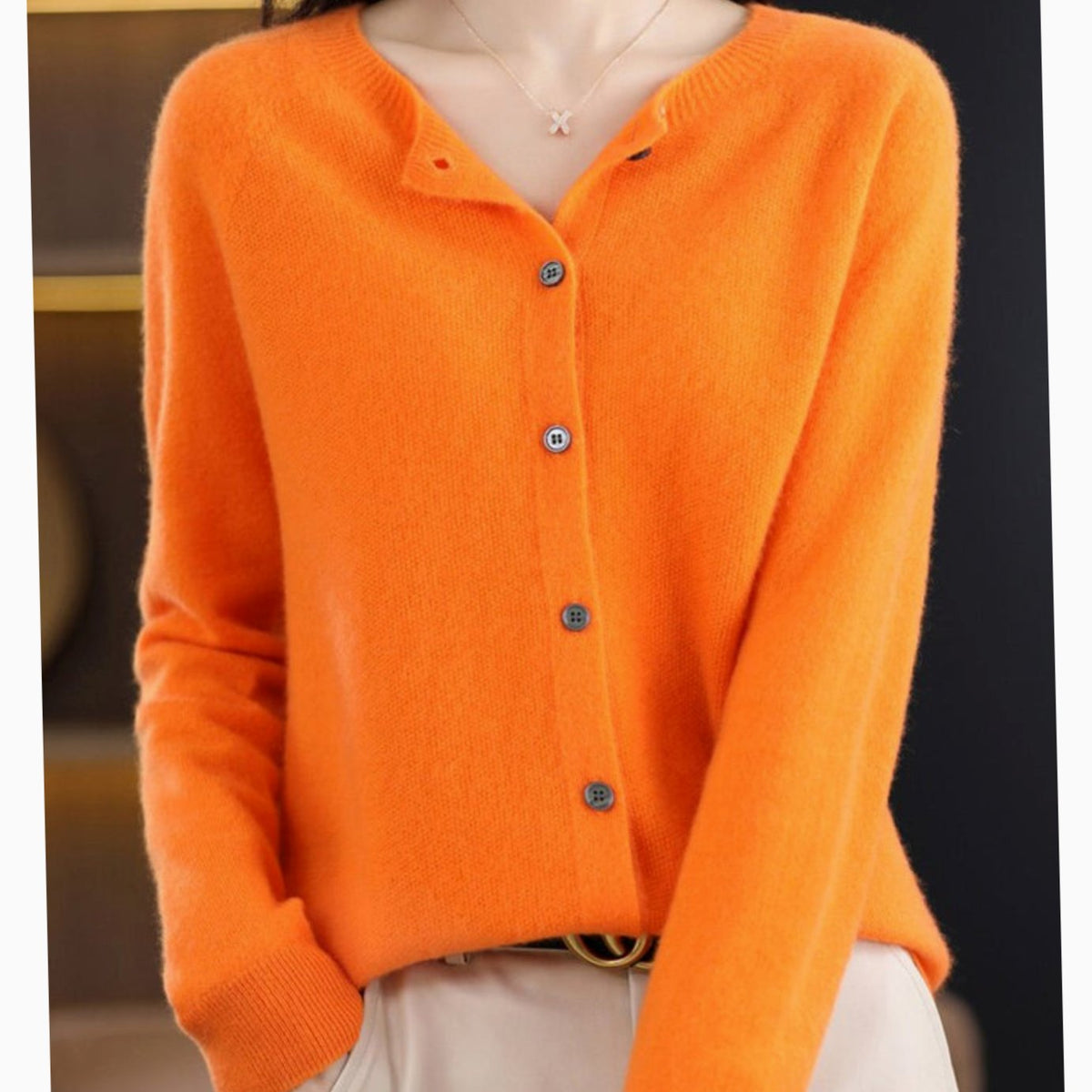 Women's Long Sleeve Crew Neck Button-Up Merino Wool Cardigan Sweater