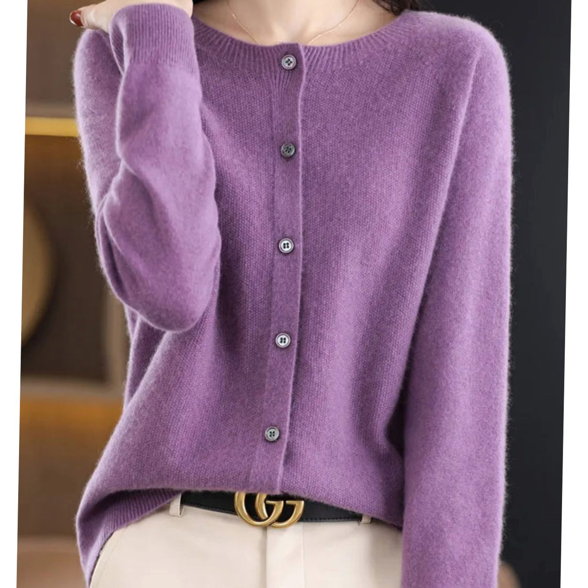 Women's Long Sleeve Crew Neck Button-Up Merino Wool Cardigan Sweater