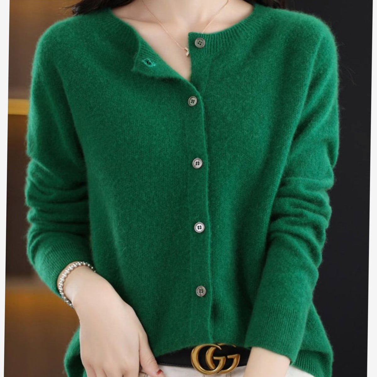Women's Long Sleeve Crew Neck Button-Up Merino Wool Cardigan Sweater