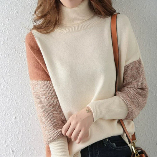Women's Loose Fit Turtleneck Wool-Blend Sweater with Ribbed Cuffs and Hem