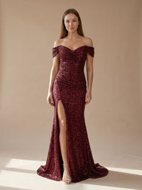 Women's Off-Shoulder Sequin Maxi Christmas Party Dress with Side Slit