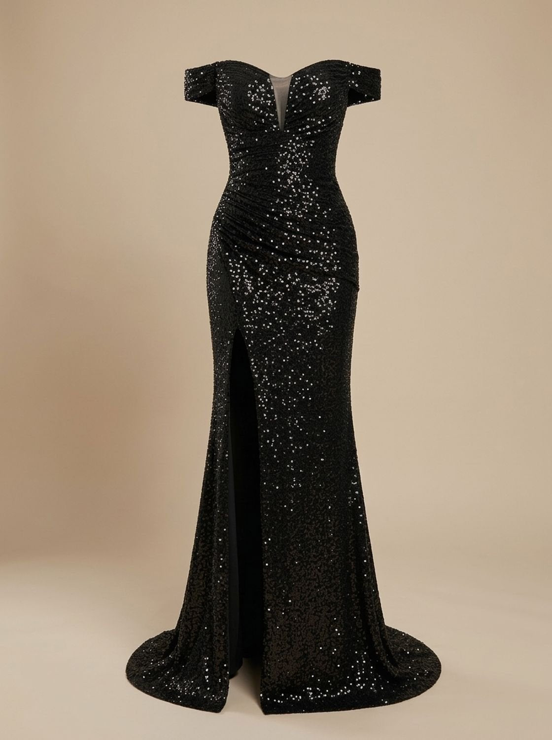 Women's Off-Shoulder Sequin Maxi Christmas Party Dress with Side Slit