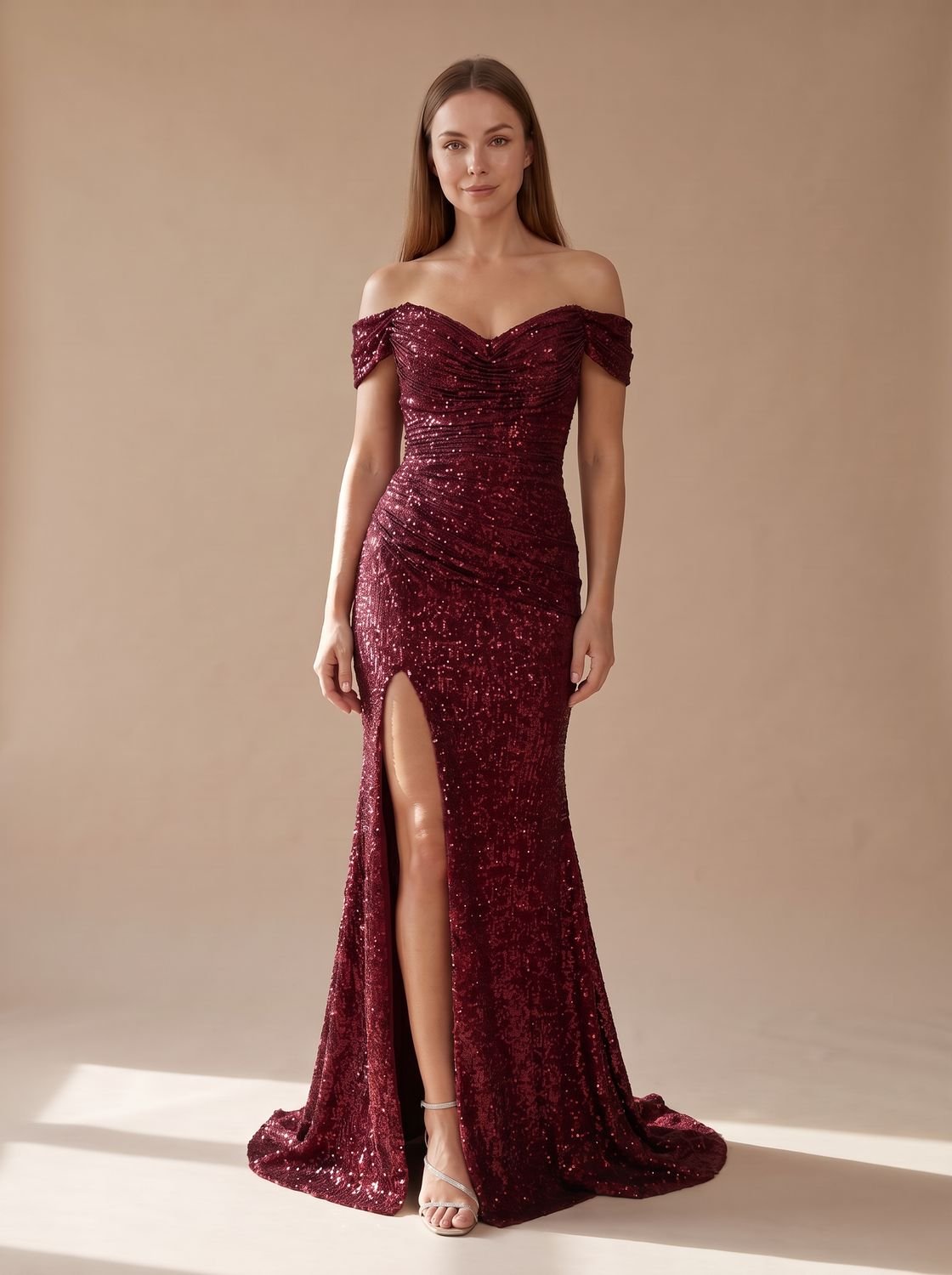 Women's Off-Shoulder Sequin Maxi Christmas Party Dress with Side Slit