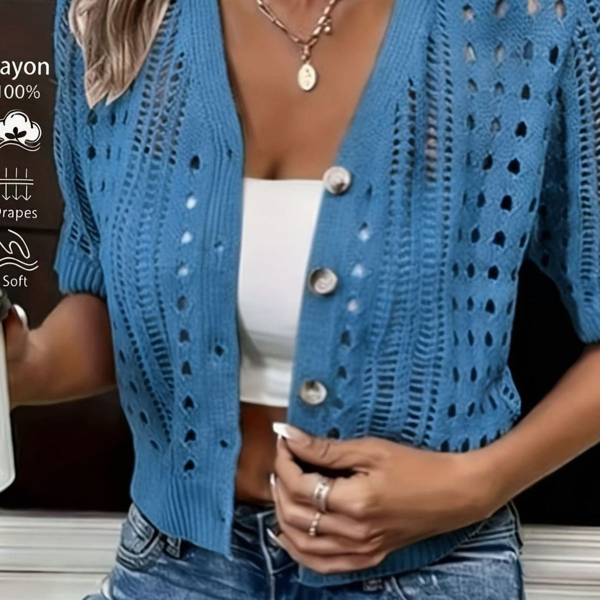 Women's Open-Knit Cropped Short-Sleeve Button Cardigan