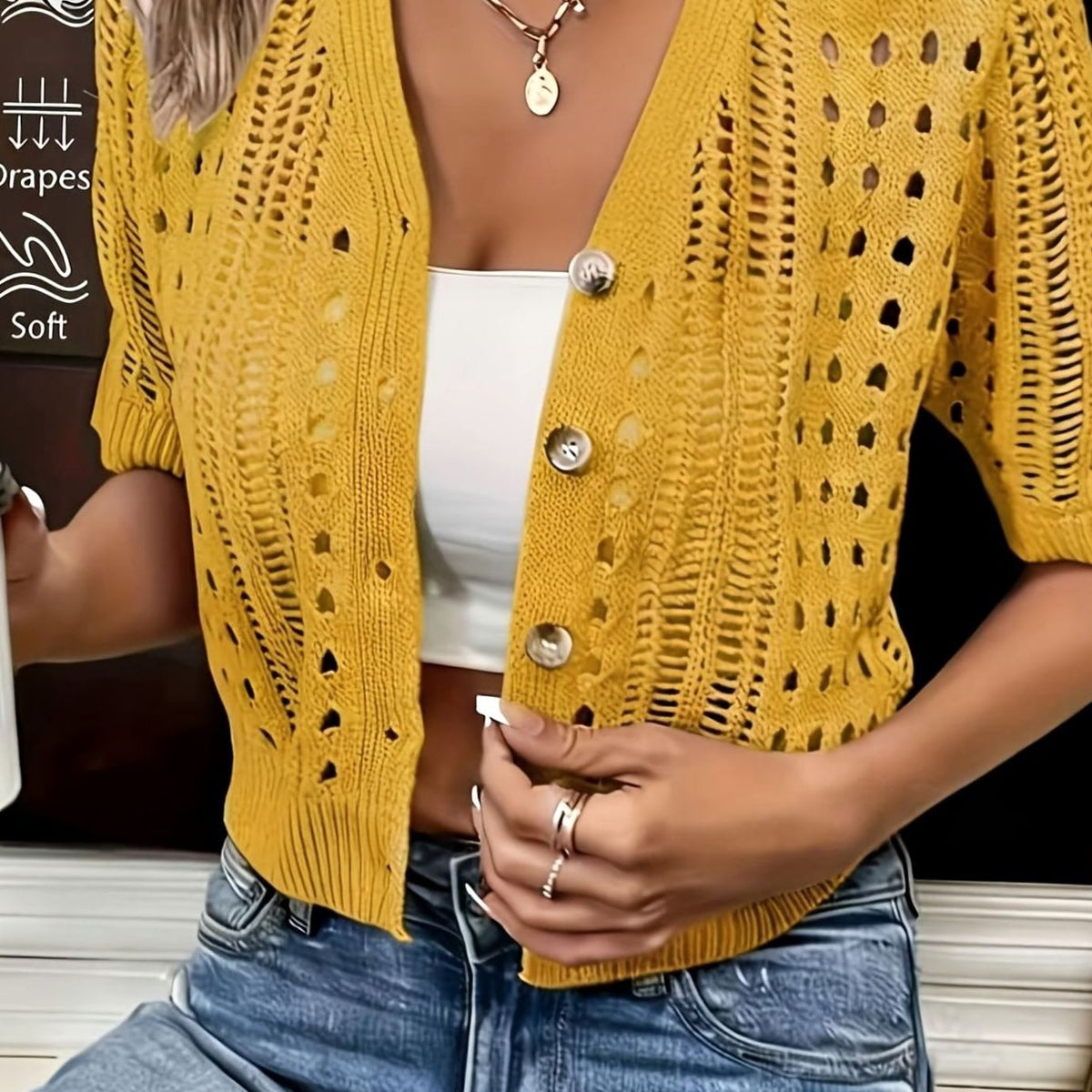 Women's Open-Knit Cropped Short-Sleeve Button Cardigan