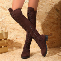 Women's Over-the-Knee Lace-Up Boots with Side Zipper, Decorative Lacing, and Textured Rubber Sole