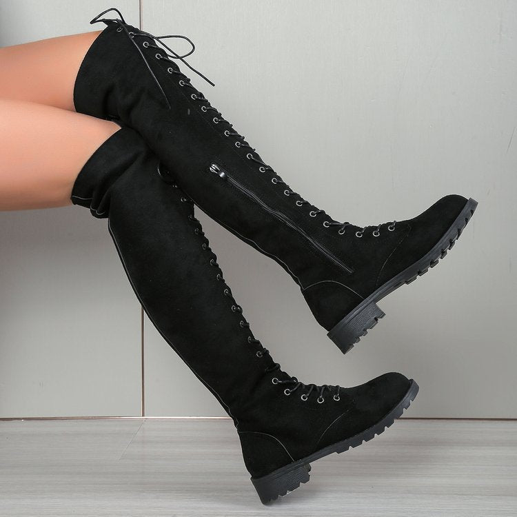 Women's Over-the-Knee Lace-Up Boots with Side Zipper, Decorative Lacing, and Textured Rubber Sole