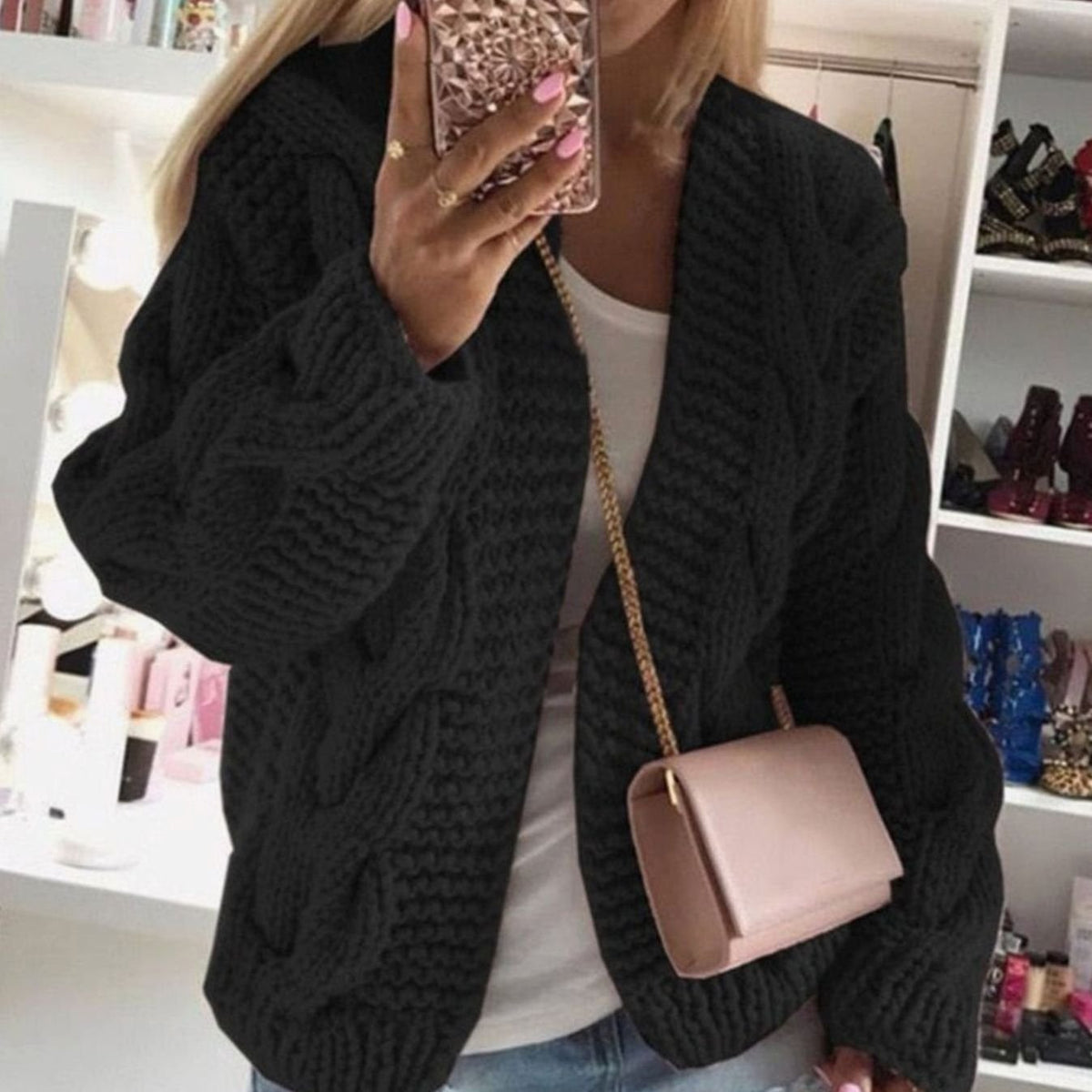 Women's Oversized Chunky Cable-Knit Open-Front Cardigan