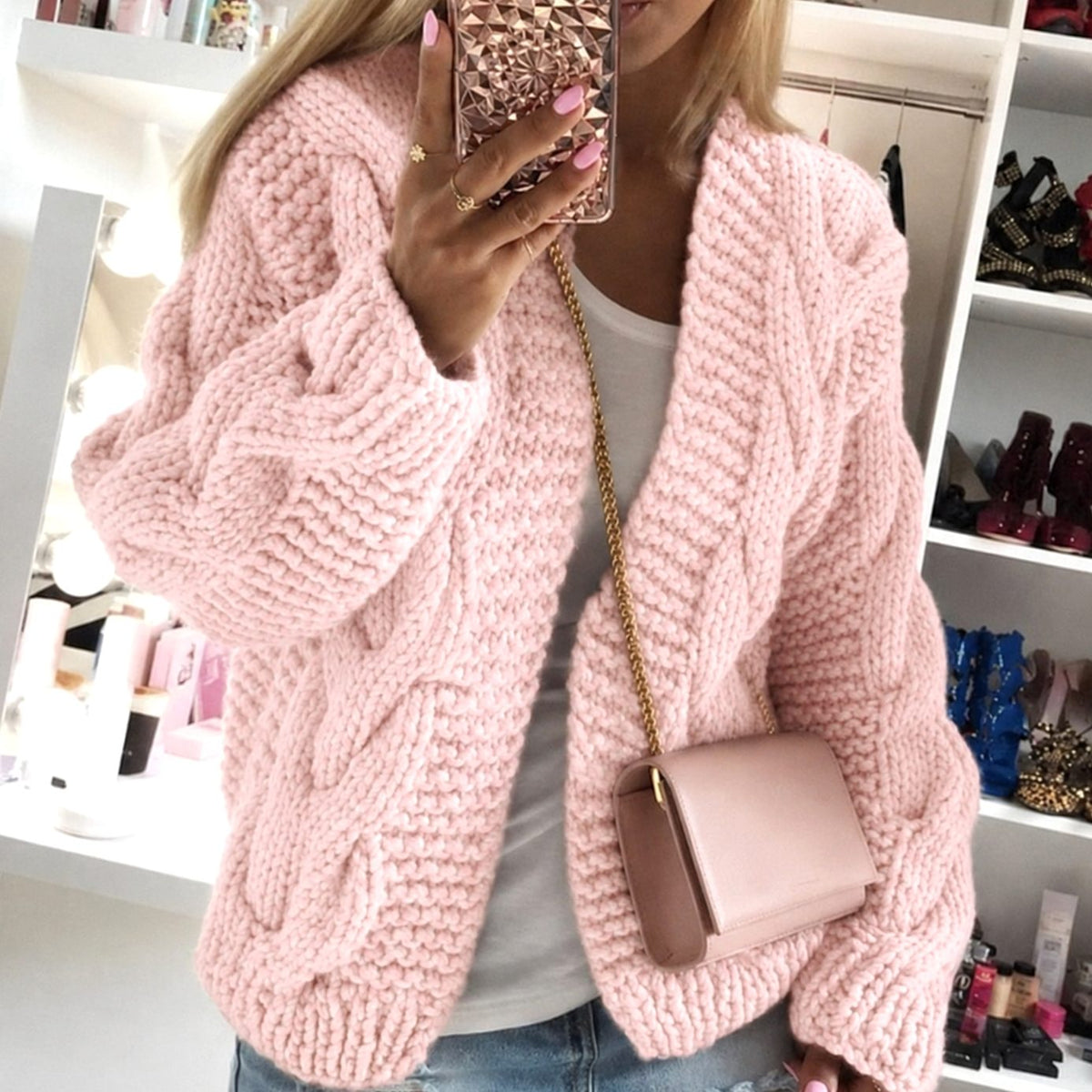 Women's Oversized Chunky Cable-Knit Open-Front Cardigan