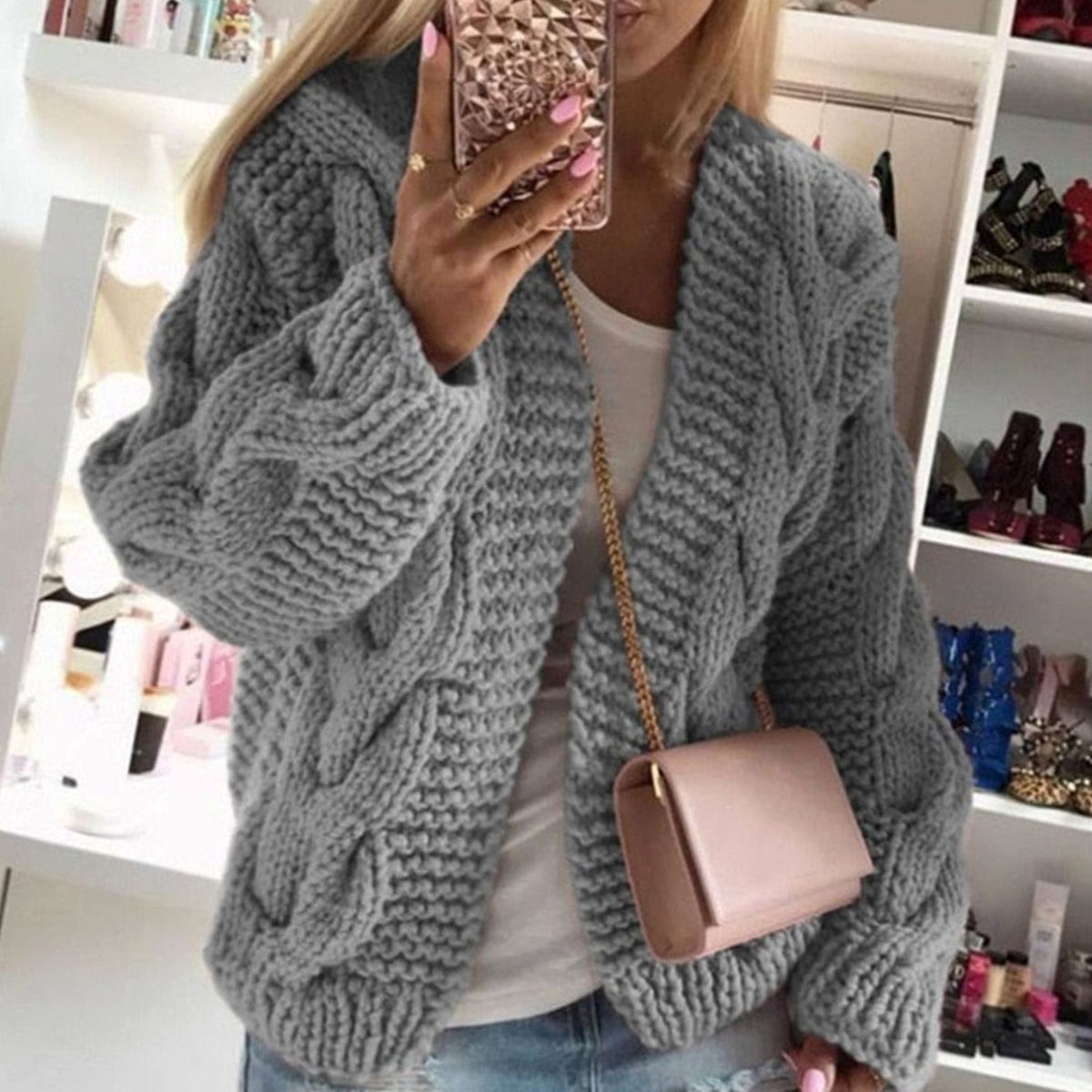 Women's Oversized Chunky Cable-Knit Open-Front Cardigan