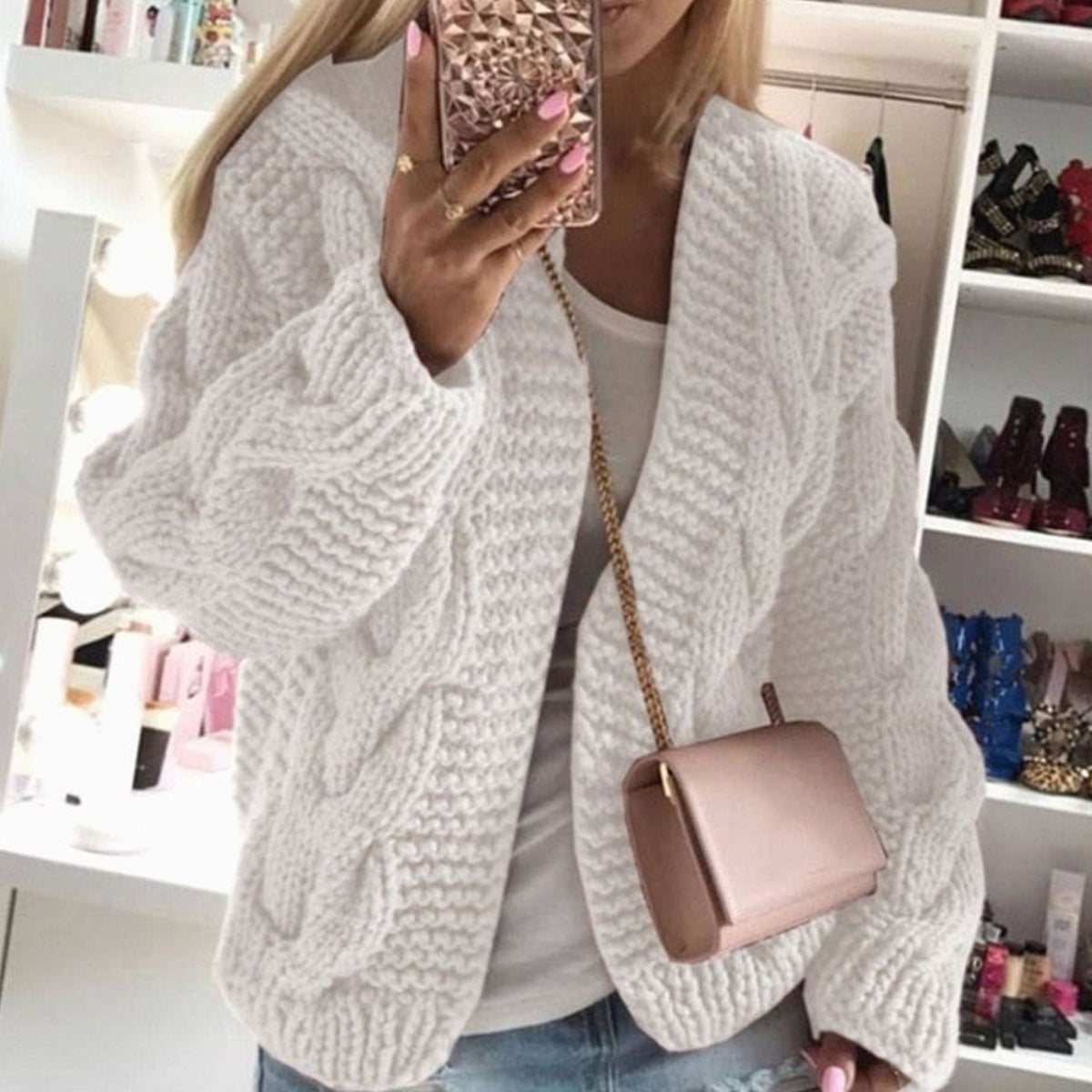 Women's Oversized Chunky Cable-Knit Open-Front Cardigan