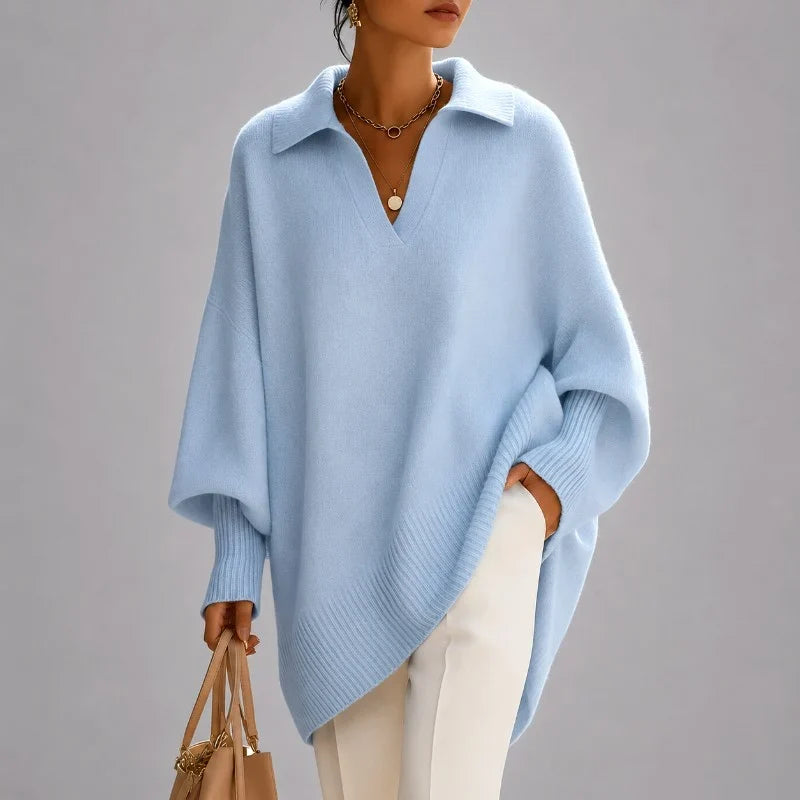 Women's Oversized Collared V-Neck Long Sleeve Poncho Sweater