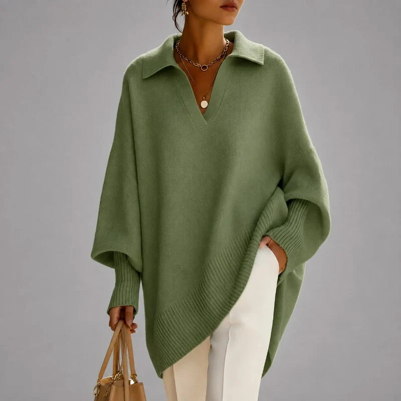 Women's Oversized Collared V-Neck Long Sleeve Poncho Sweater