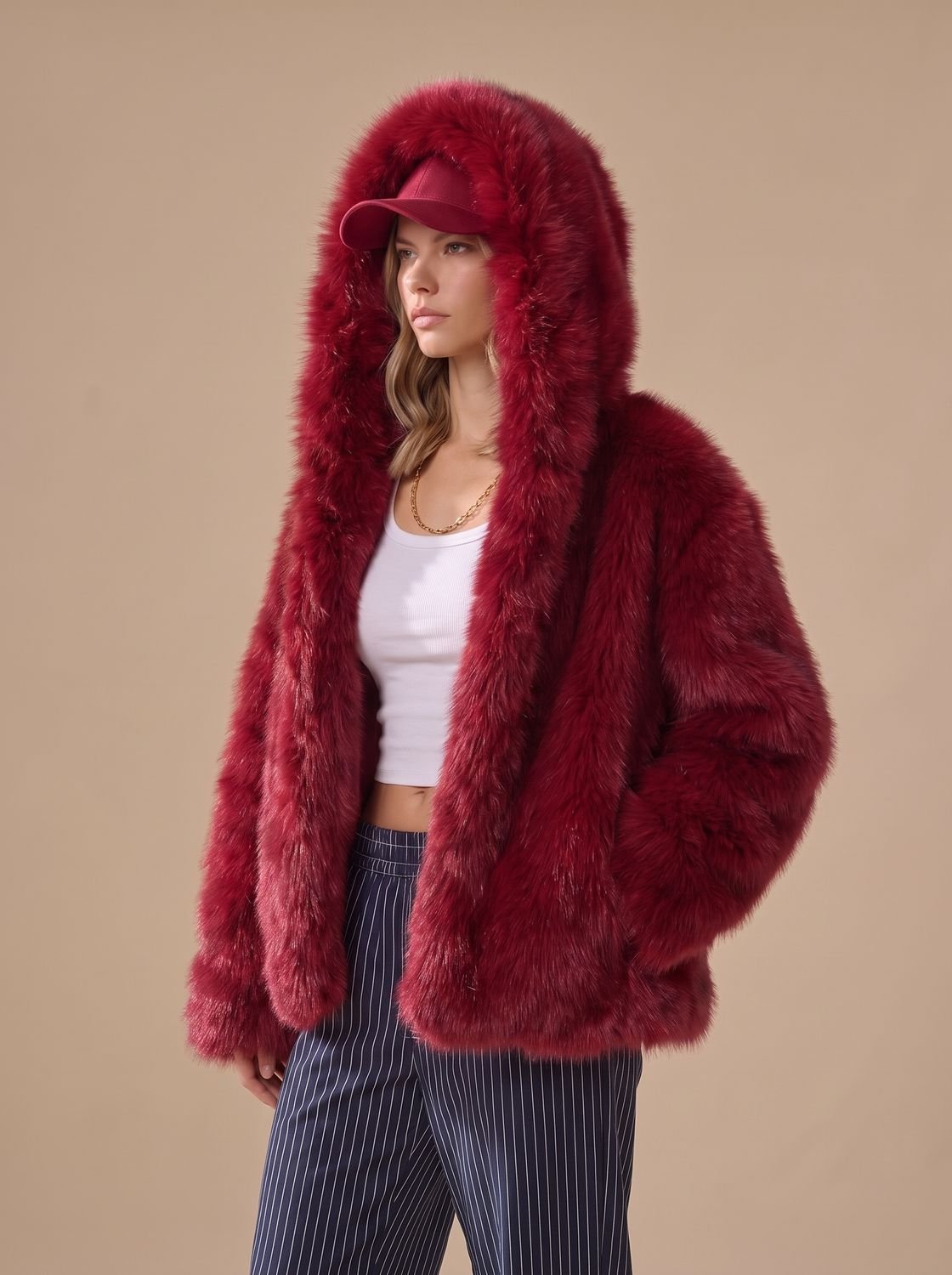 Women's Oversized Hooded Long-Sleeve Faux Fur Winter Coat