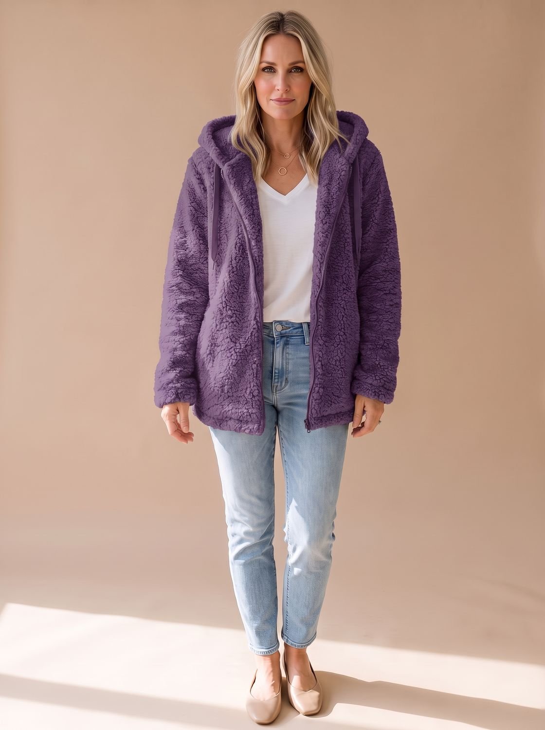 Women's Oversized Hooded Teddy Fleece Zip-Up Coat