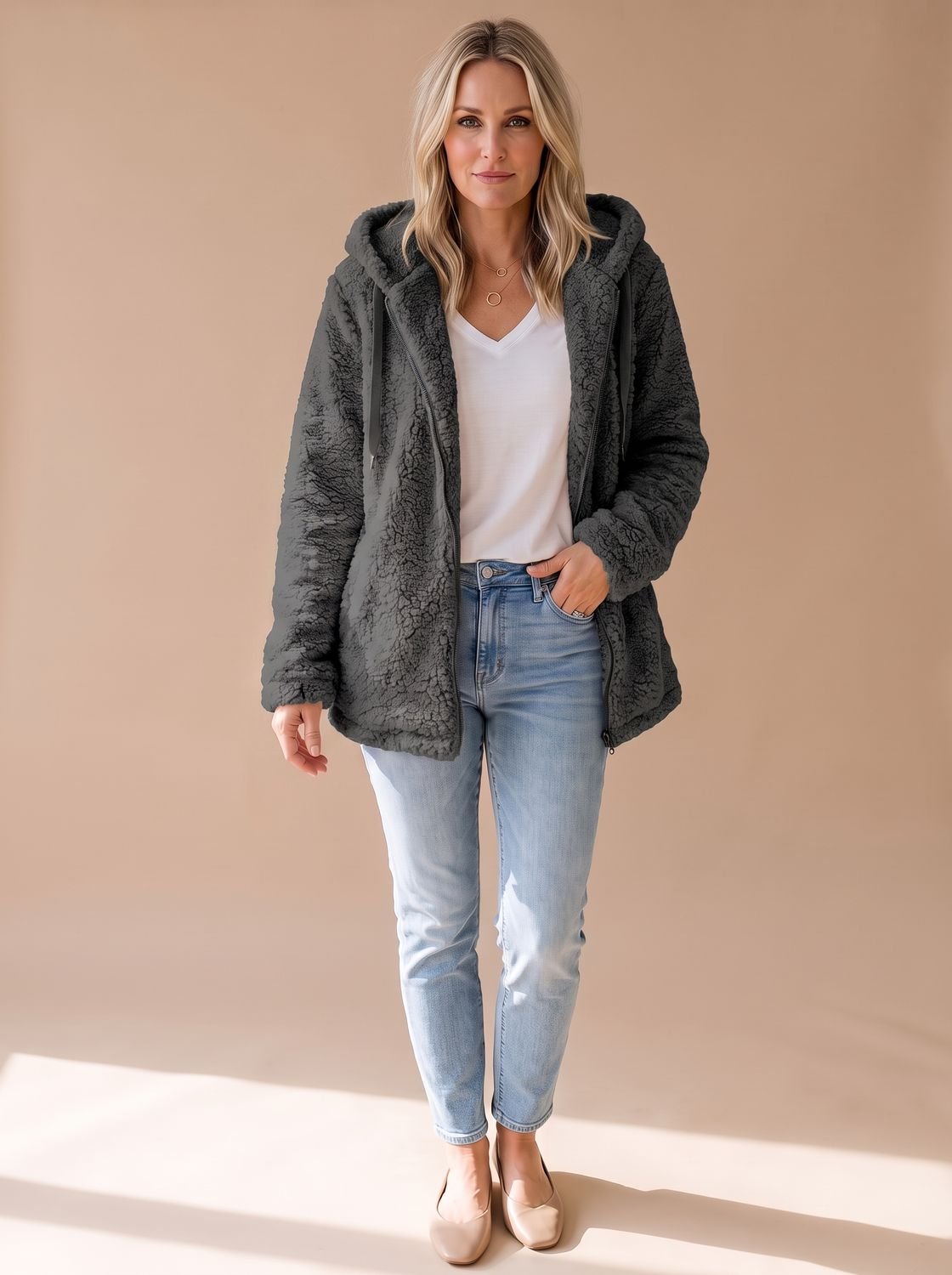 Women's Oversized Hooded Teddy Fleece Zip-Up Coat